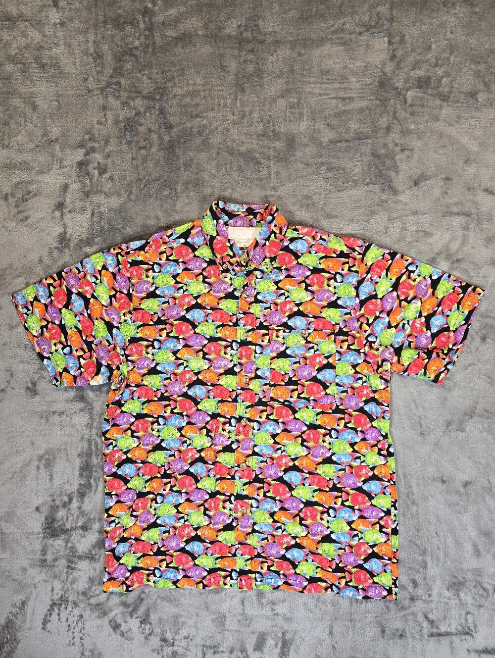 Vintage Neon AOP Fish Button Down Shirt Size Small Fits Medium All Over Print
